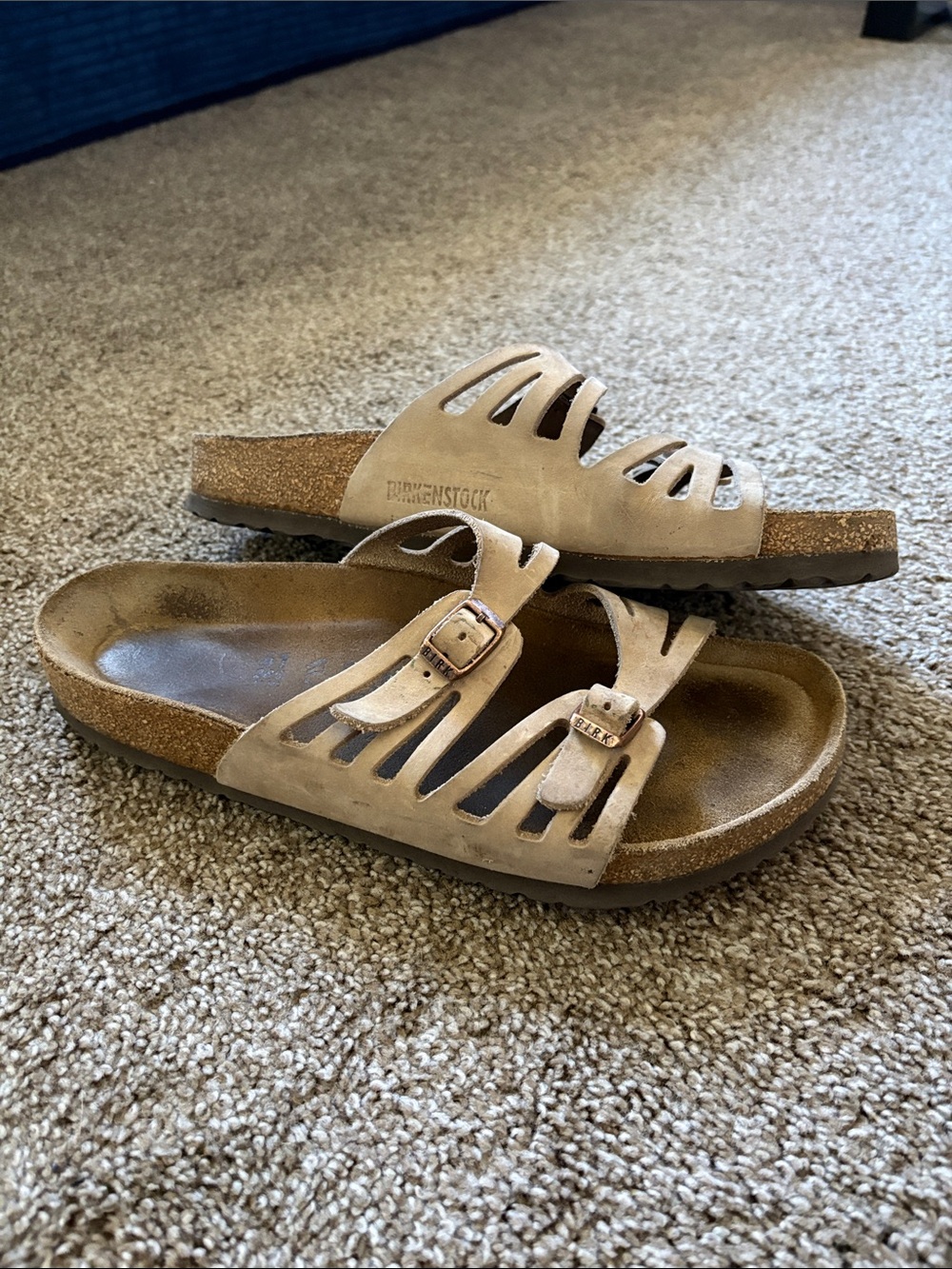 Birkenstock Beige Suede Dual-Buckle Slide Sandals